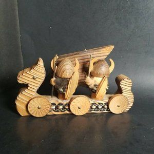 Vintage Hand Carved Wood Nordic Viking Ship Cart Warriors Japan 6"x1.25"x3.25"